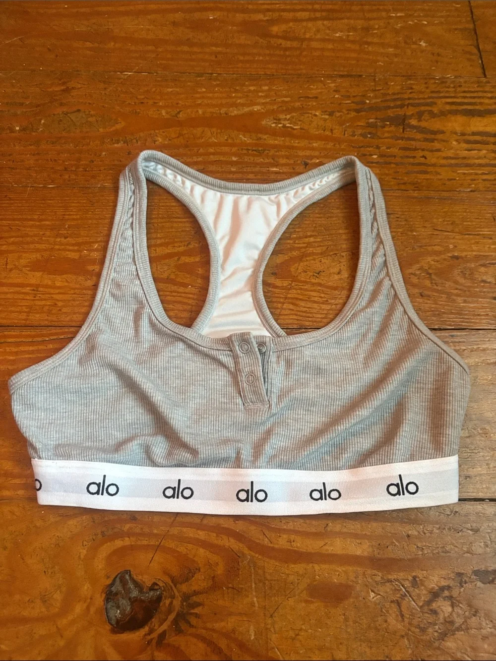 ALO Yoga Light Gray Ribbed Racerback Sports Bralette with Logo Band